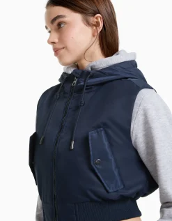 BERSHKA Gilet bomber cropped sans manches capuche Marine Best