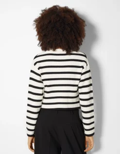 BERSHKA Gilet bord-côte rayé Écru Outlet