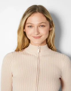 BERSHKA Gilet col montant fermeture Éclair bord-côte Sable Cheap