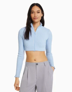 BERSHKA Gilet cropped col montant fermeture Éclair Bleu clair Flash Sale