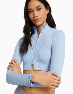 BERSHKA Gilet cropped col montant fermeture Éclair Bleu clair Flash Sale