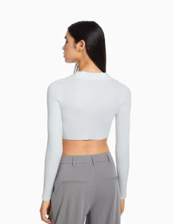 BERSHKA Gilet cropped col polo boutons Blanc New