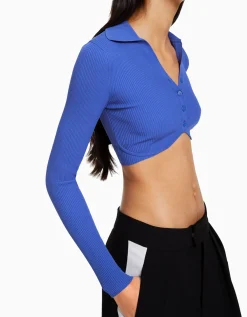 BERSHKA Gilet cropped col polo boutons Blanc Discount