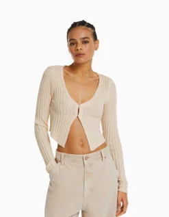BERSHKA Gilet cropped rustique Écru Store
