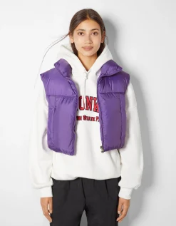 BERSHKA Gilet cropped sans manches effet nylon Violet Online