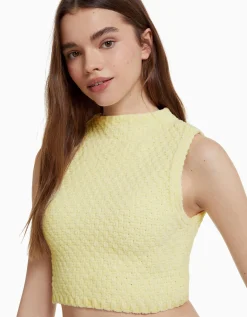 BERSHKA Gilet maille chenille Jaune Clearance