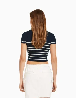 BERSHKA Gilet manches courtes col polo Bleu Online