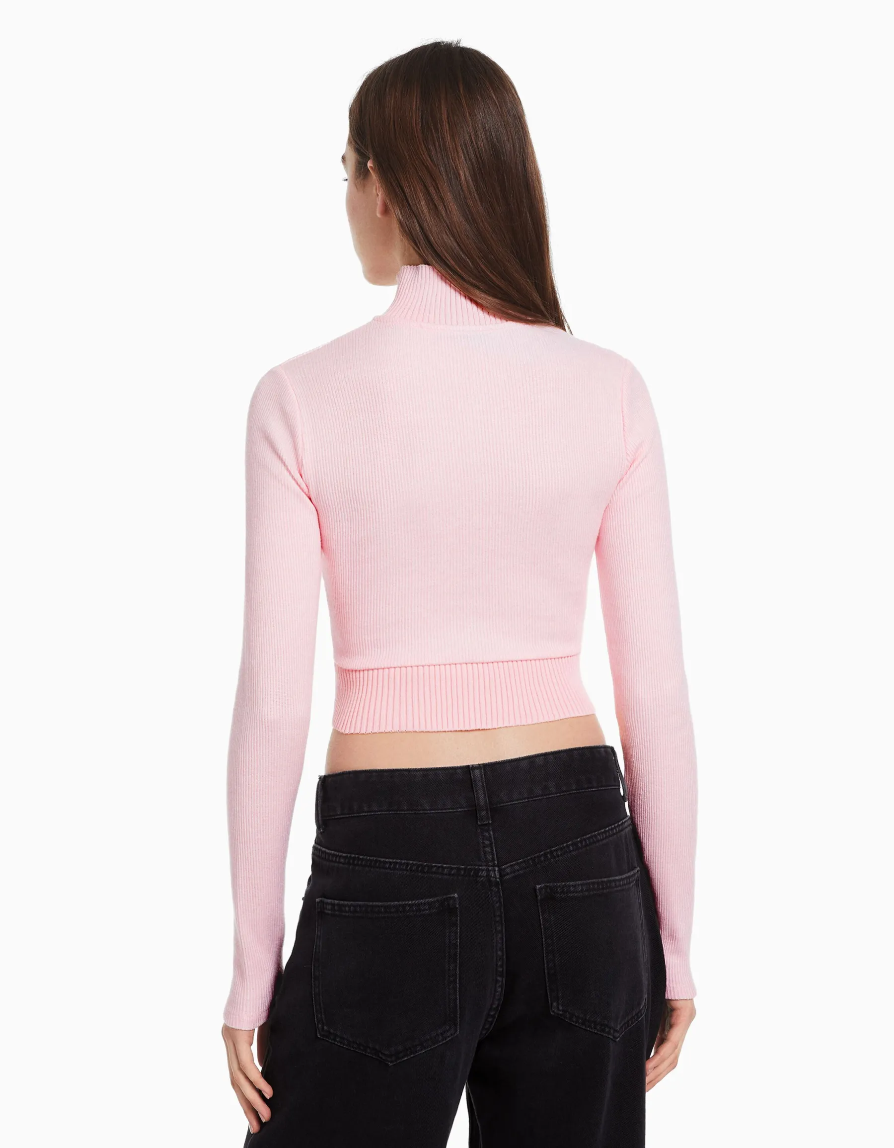 BERSHKA Gilet manches longues broderie fermeture Éclair Écru Clearance