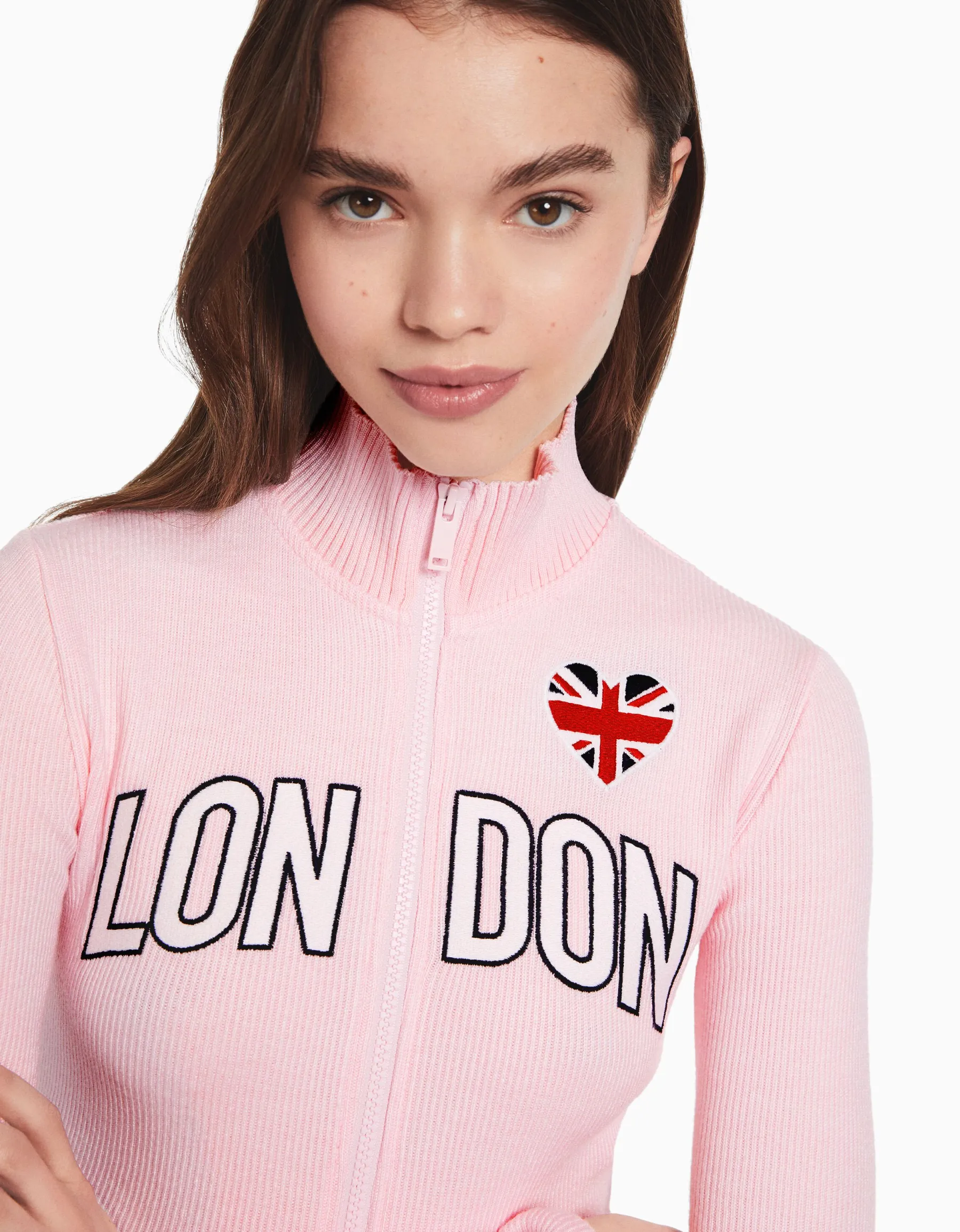 BERSHKA Gilet manches longues broderie fermeture Éclair Écru Clearance