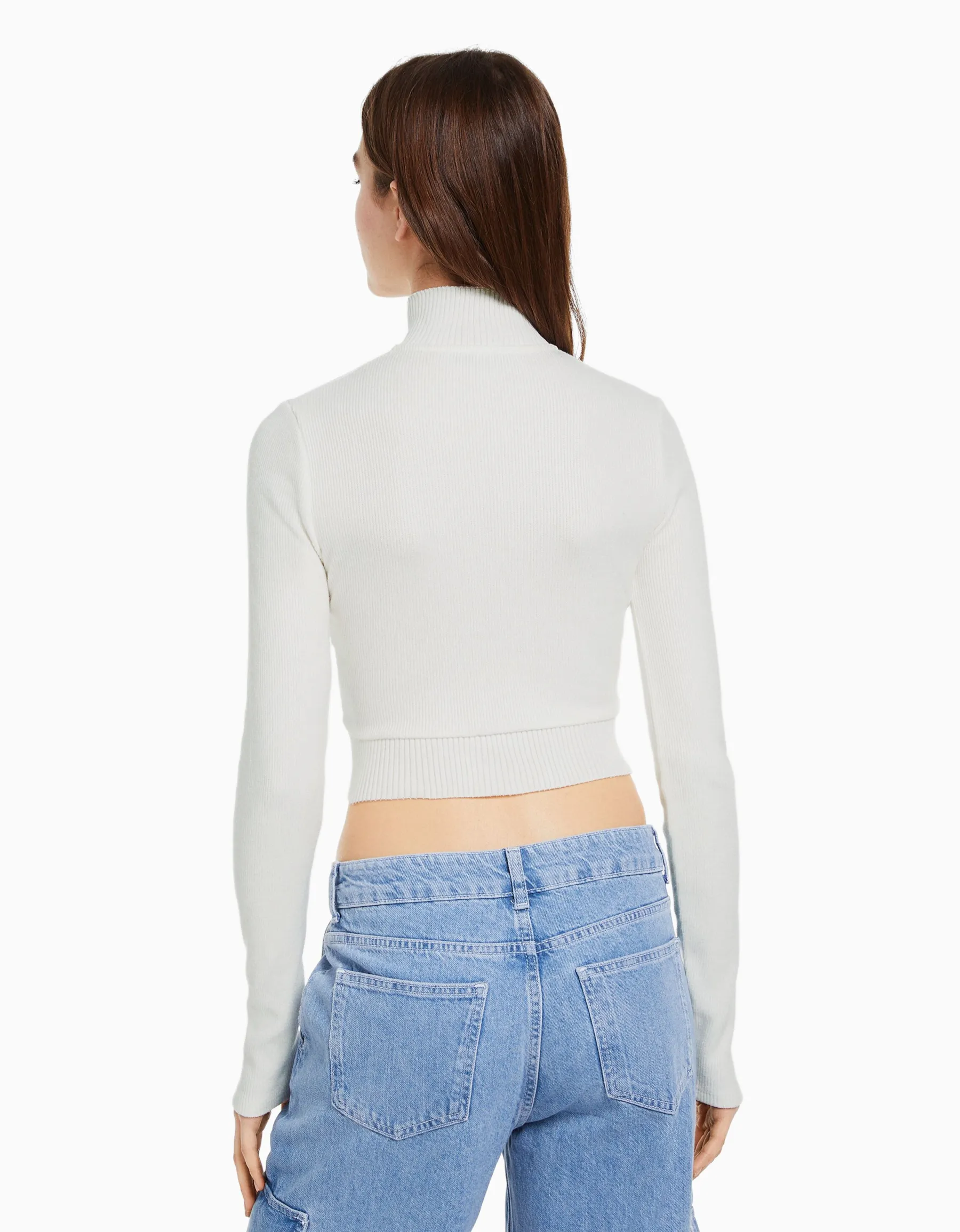 BERSHKA Gilet manches longues broderie fermeture Éclair Écru Flash Sale