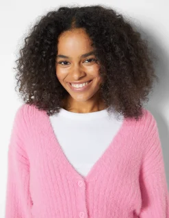 BERSHKA Gilet manches longues col V fausse fourrure Blanc Discount