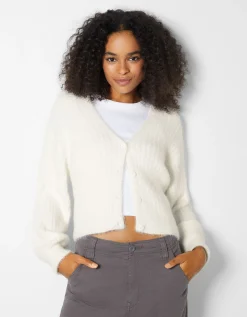 BERSHKA Gilet manches longues col V fausse fourrure Blanc Best