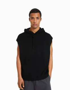 BERSHKA Gilet sans manches capuche maille Écru Cheap