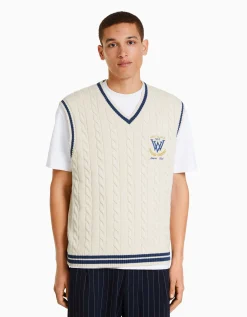 BERSHKA Gilet sans manches maille brodé Écru New