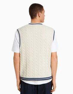 BERSHKA Gilet sans manches maille brodé Écru New