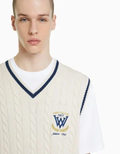 BERSHKA Gilet sans manches maille brodé Écru Clearance