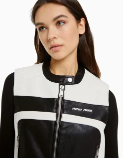 BERSHKA Gilet sans manches racing similicuir Noir Clearance