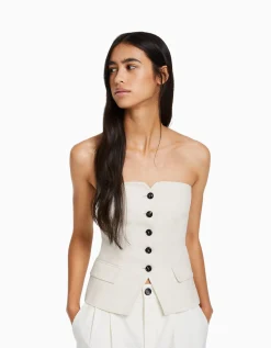 BERSHKA Gilet tailoring épaules dénudées Écru Clearance