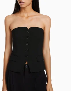 BERSHKA Gilet tailoring épaules dénudées Écru Fashion