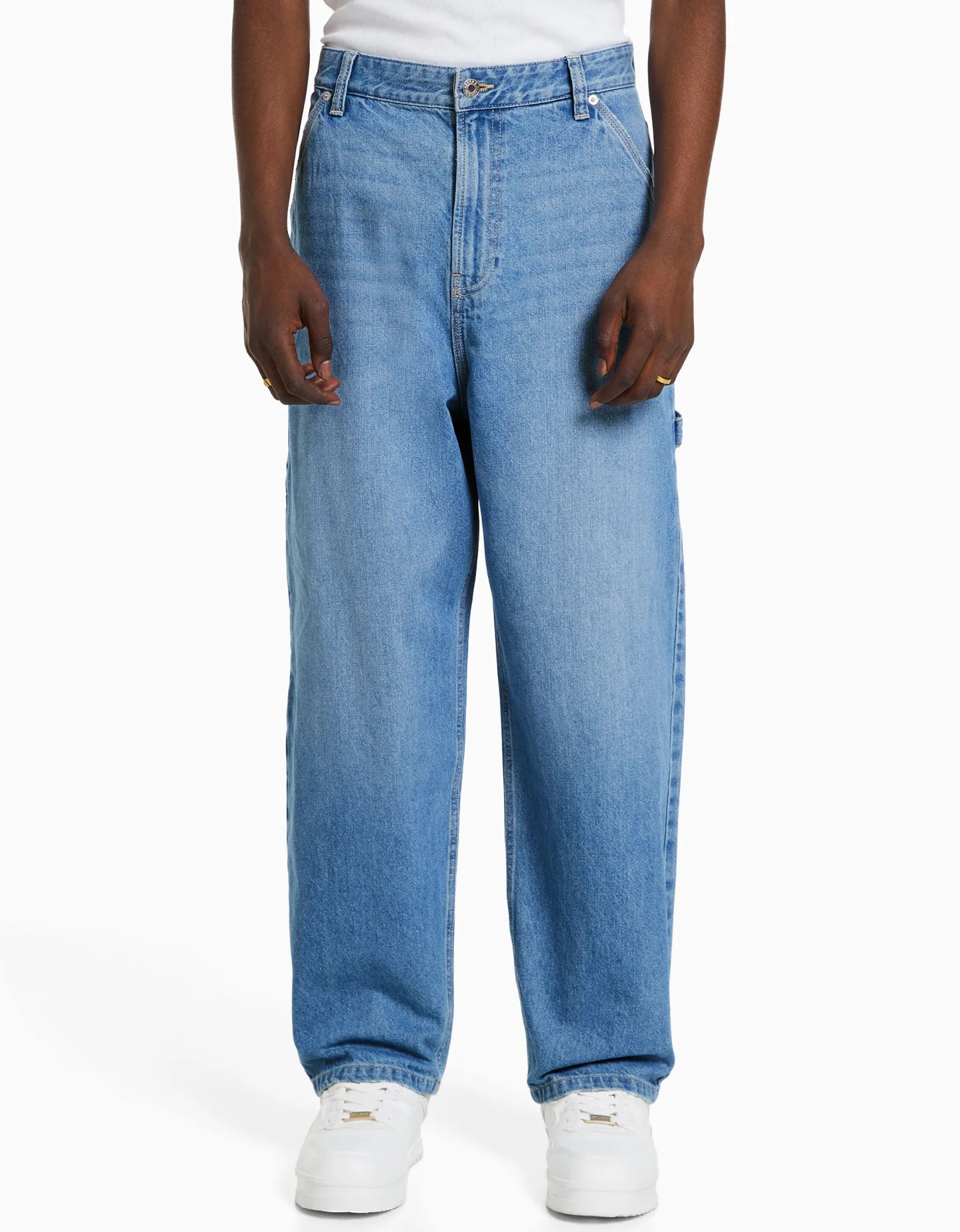 BERSHKA Jean baggy carpenter Bleu lavé Outlet