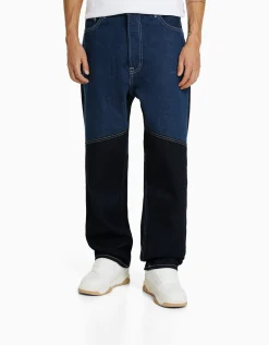 BERSHKA Jean baggy color block Bleu Best Sale