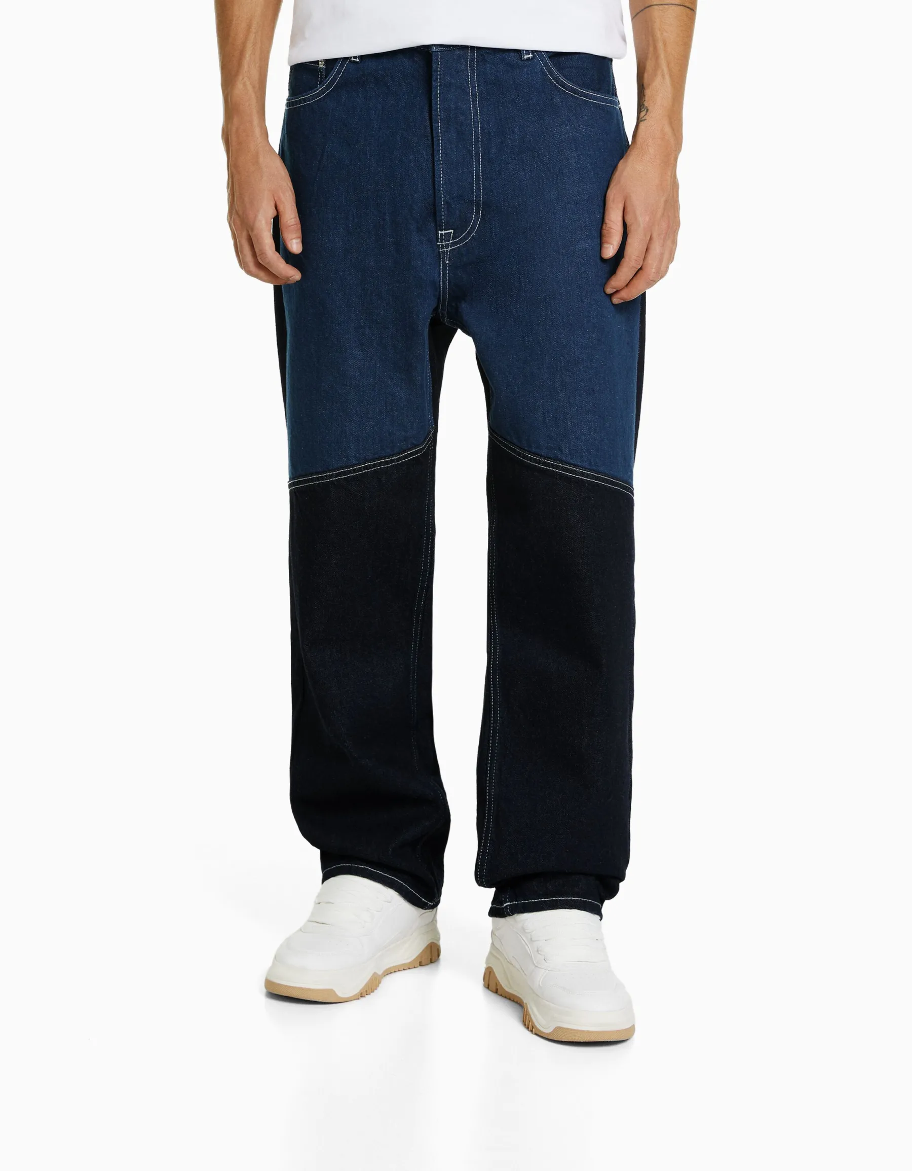 BERSHKA Jean baggy color block Bleu Best Sale
