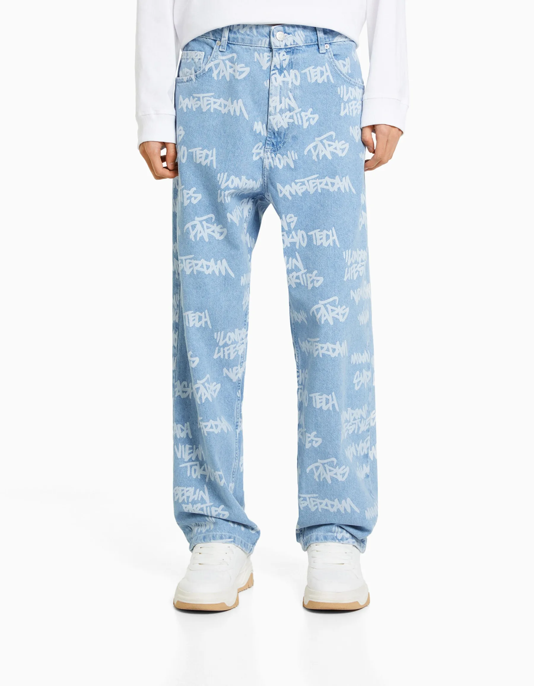 BERSHKA Jean baggy imprimé Bleu lavé New