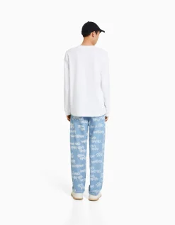 BERSHKA Jean baggy imprimé Bleu lavé Online