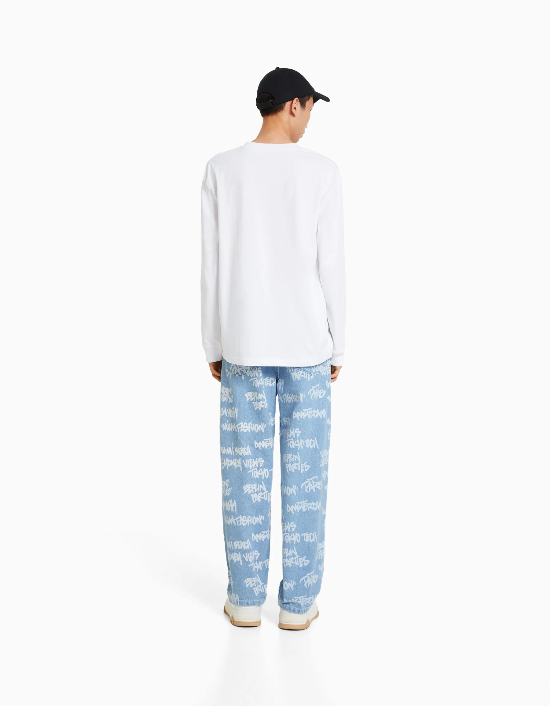 BERSHKA Jean baggy imprimé Bleu lavé Online