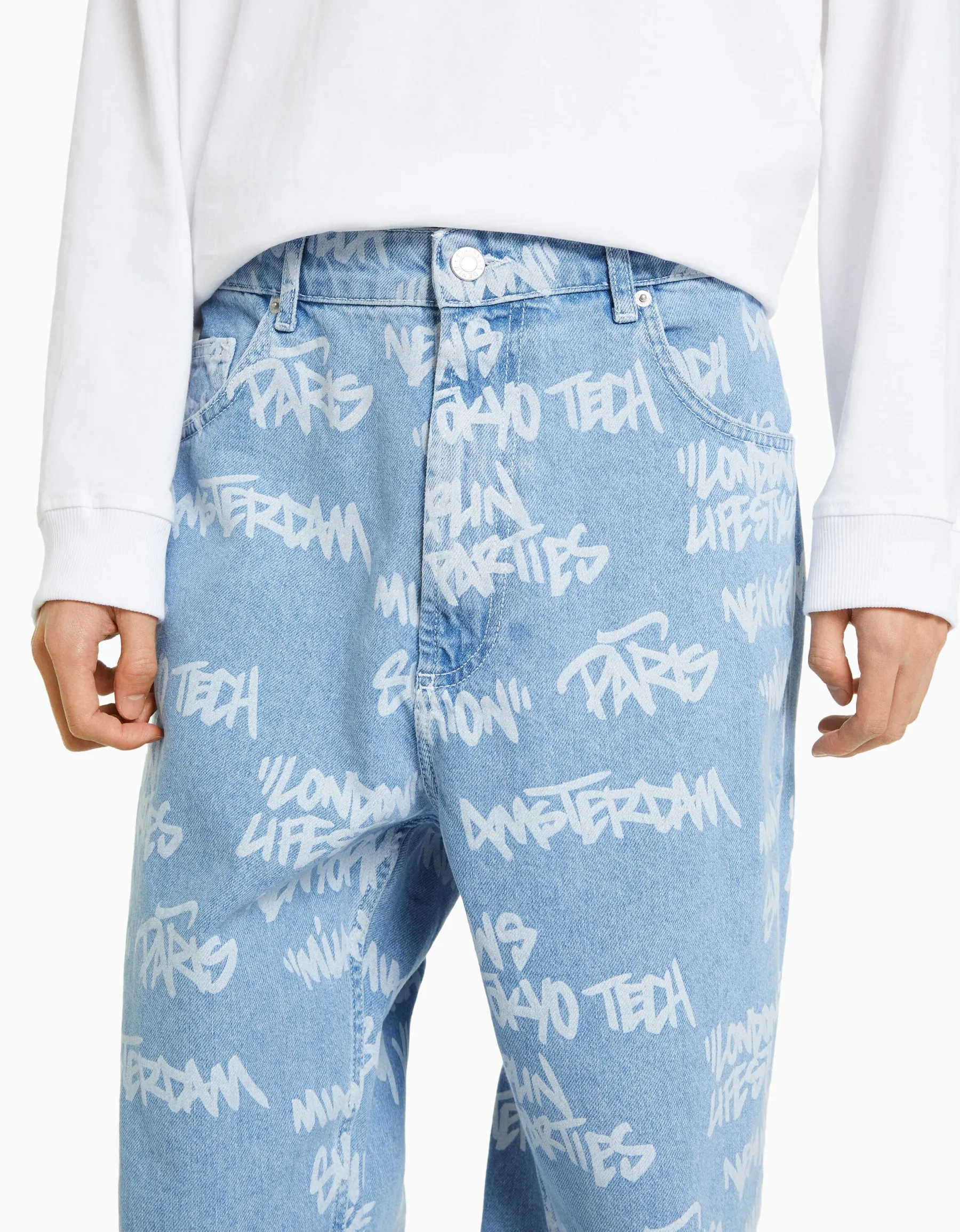 BERSHKA Jean baggy imprimé Bleu lavé Online
