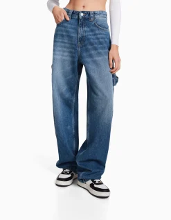 BERSHKA Jean balloon carpenter wide leg détail Bleu lavé Cheap