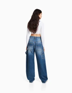 BERSHKA Jean balloon carpenter wide leg détail Bleu lavé Online