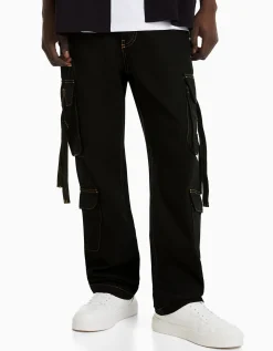 BERSHKA Jean cargo bandes Noir Cheap