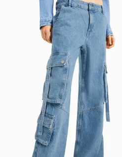 BERSHKA Jean cargo multipoches Bleu lavé New