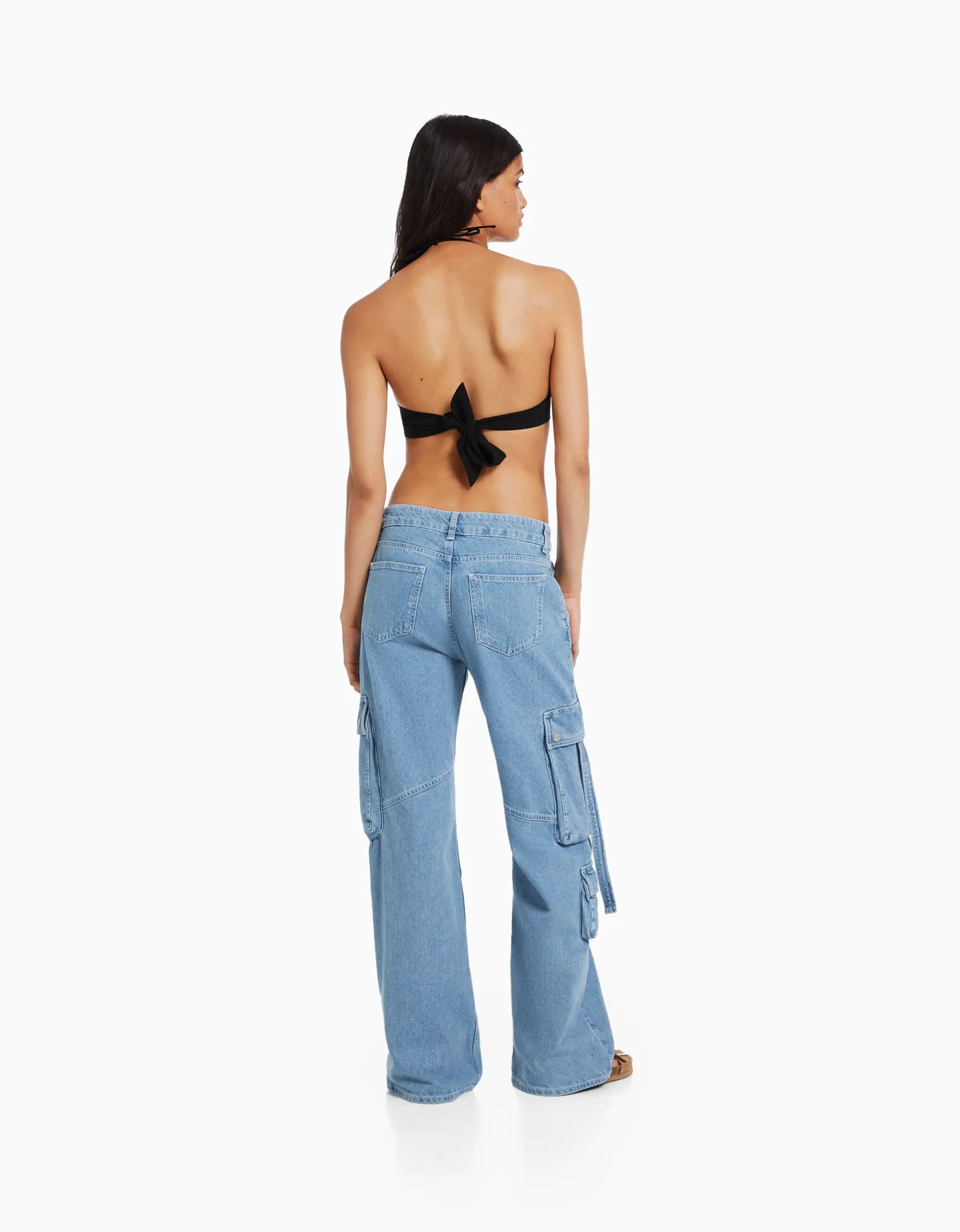 BERSHKA Jean cargo multipoches Bleu lavé New