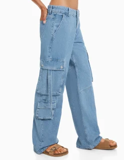 BERSHKA Jean cargo multipoches Bleu lavé New