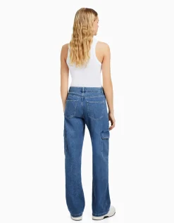BERSHKA Jean cargo straight Bleu lavé Store