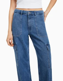 BERSHKA Jean cargo straight Bleu lavé Store