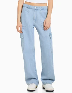BERSHKA Jean cargo straight Bleu lavé Sale
