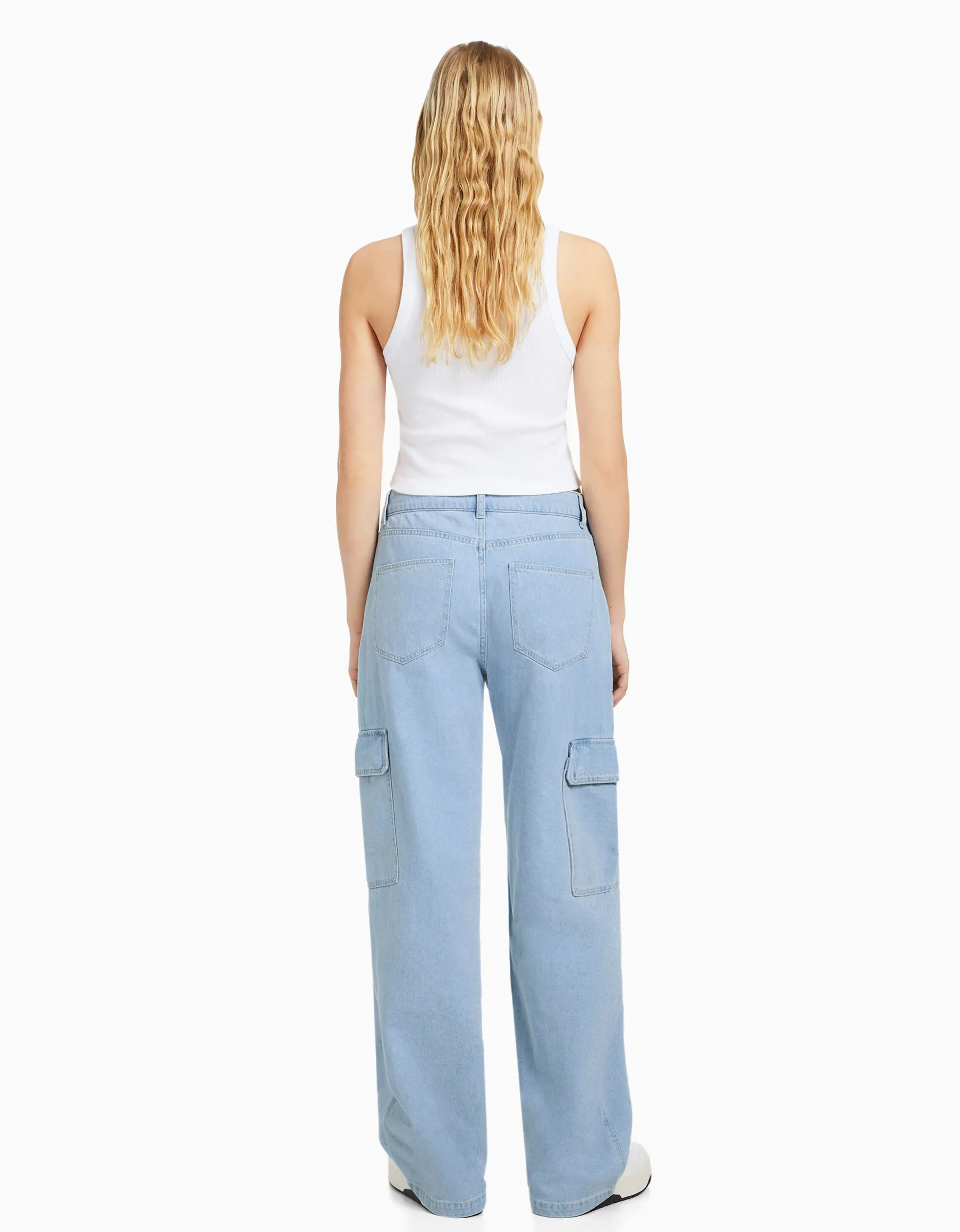 BERSHKA Jean cargo straight Bleu lavé Sale