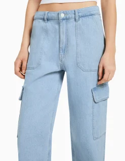 BERSHKA Jean cargo straight Bleu lavé Sale