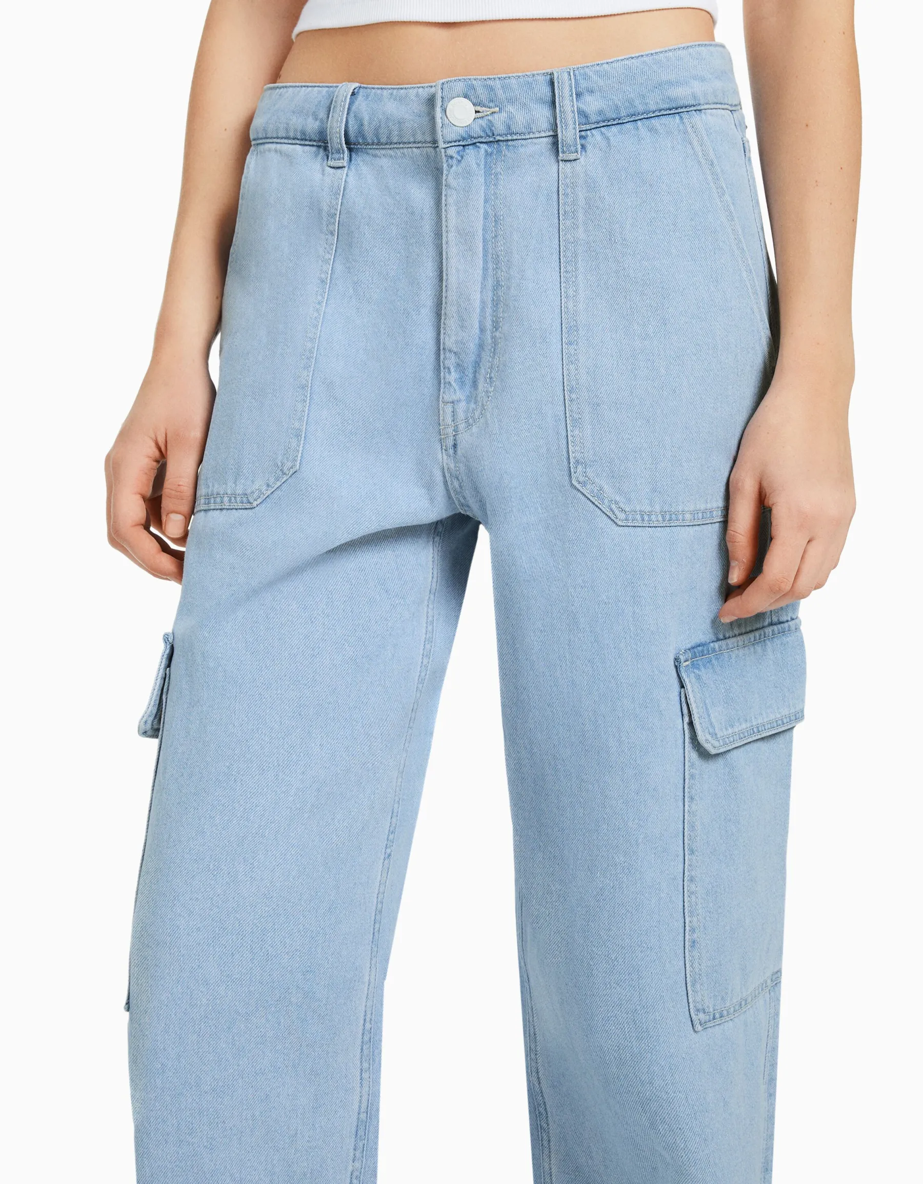 BERSHKA Jean cargo straight Bleu lavé Sale