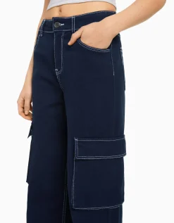 BERSHKA Jean cargo straight Bleu lavé Flash Sale