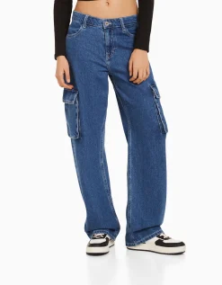 BERSHKA Jean cargo straight Bleu lavé Clearance