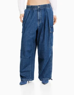 BERSHKA Jean cargo volume Bleu lavé Sale