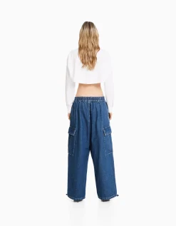 BERSHKA Jean cargo volume Bleu lavé Sale