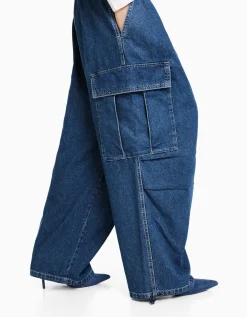 BERSHKA Jean cargo volume Bleu lavé Sale