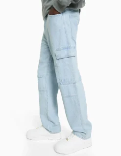BERSHKA Jean cargo wide Bleu clair Online
