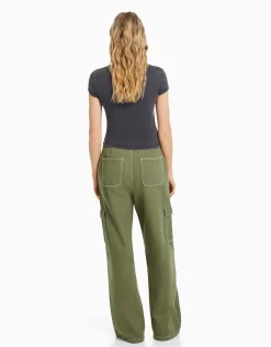 BERSHKA Jean cargo wide Kaki Sale
