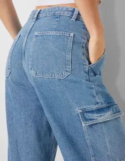 BERSHKA Jean cargo wide Kaki Clearance